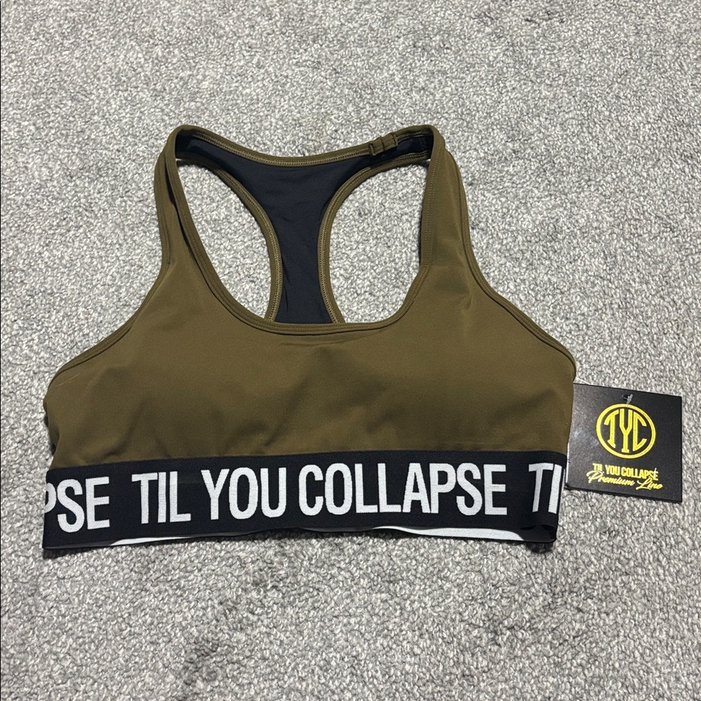 Til You Collapse Khaki Sports Bra with Black Band